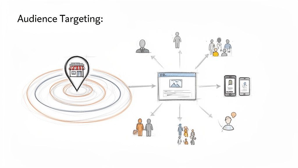 Een illustratie van doelgroep targeting, met een winkel, een online platform en diverse consumentengroepen en mobiele apparaten.