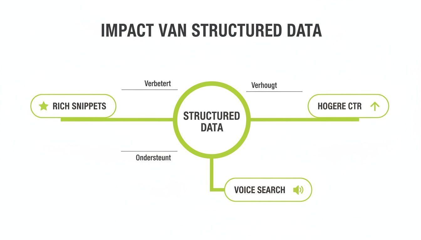 Infographic die de impact van gestructureerde data toont op rich snippets, hogere CTR en voice search.