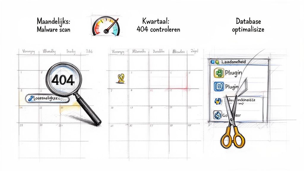 Een visuele weergave van een planning voor websiteonderhoud, inclusief maandelijkse scans en kwartaalcontroles.