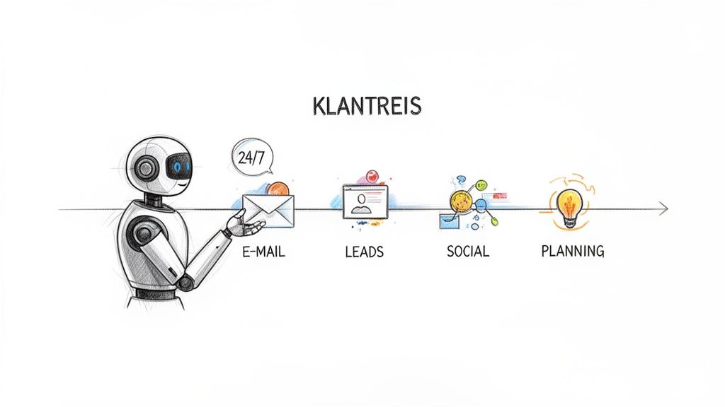 Een robot illustreert een klantreisproces met fasen als e-mail, leads, social en planning.