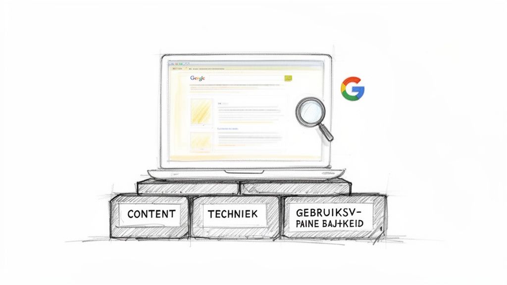 Een schets van een laptop met Google zoekresultaten, ondersteund door de pijlers content, techniek en gebruiksvriendelijkheid.