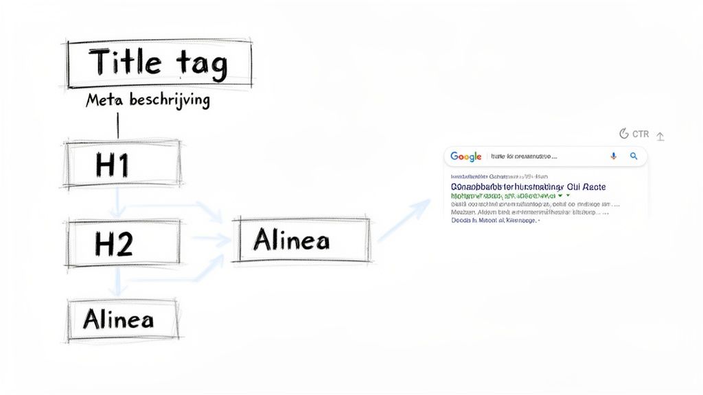 Schema van on-page SEO-elementen zoals title tag, meta description, H1, H2 en alinea, met relatie tot Google zoekresultaten.