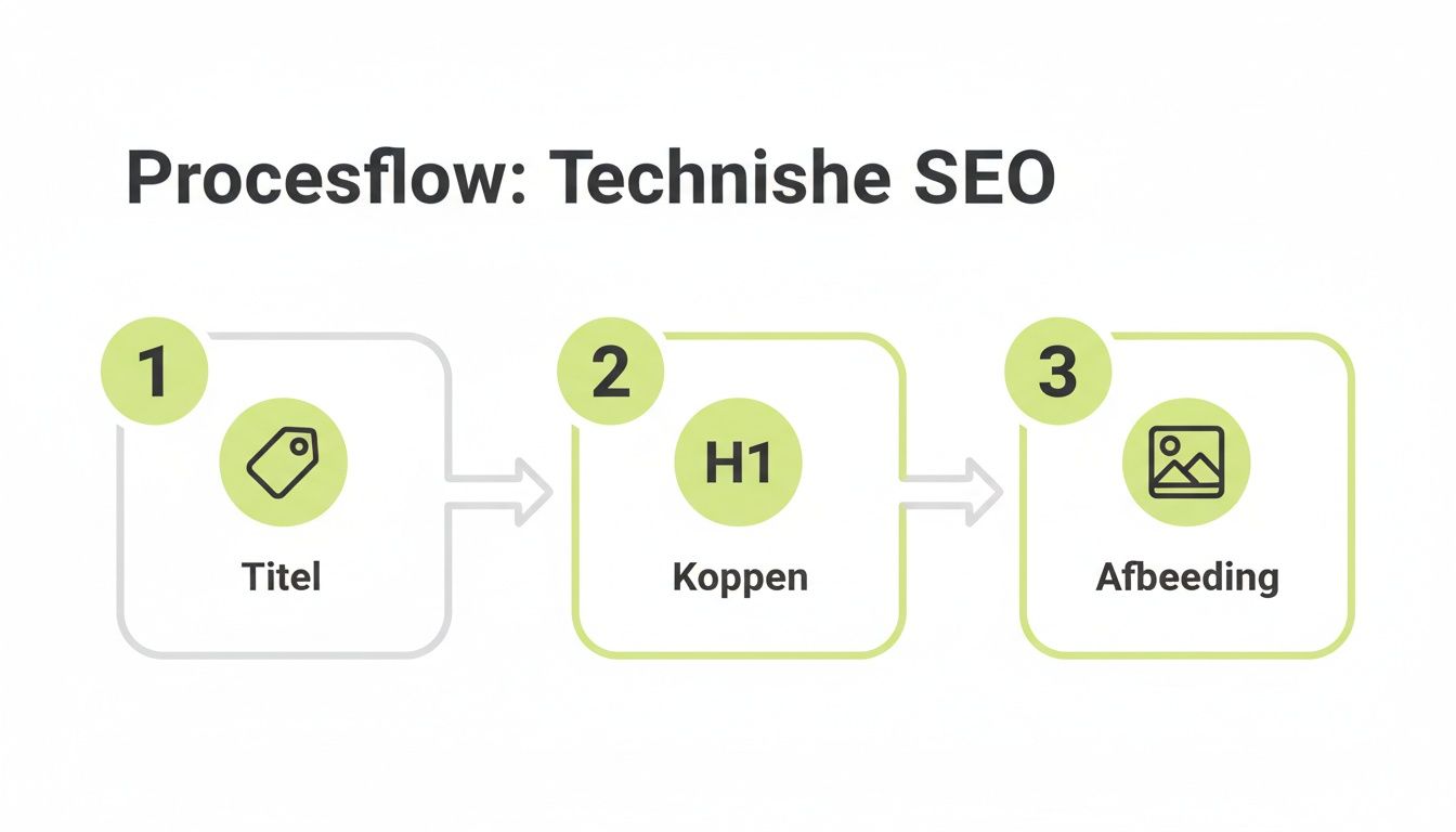 Procesflow voor Technische SEO met stappen voor Titel, Koppen (H1) en Afbeeldingen voor optimale vindbaarheid.
