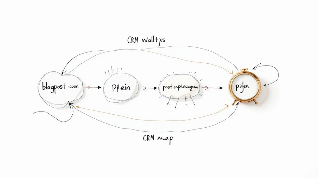 Een schematische weergave van een marketing workflow, met stappen zoals blogpost, plein, Instagram post en pijlen.