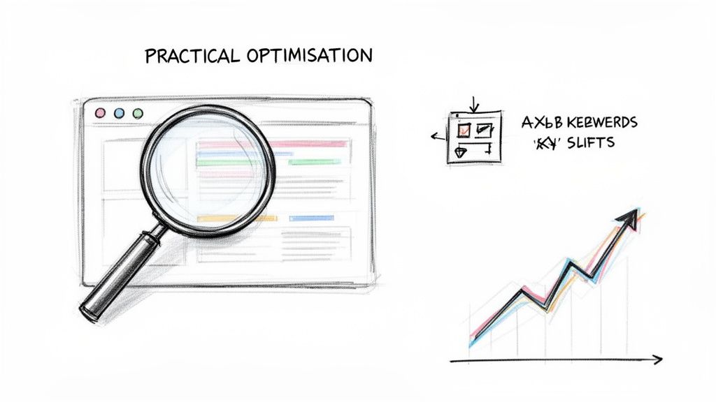 Afbeelding van praktische optimalisatie met een vergrootglas over zoekresultaten, A/B-tests en een groeiende grafiek, relevant voor Google Ads kostenbeheer.