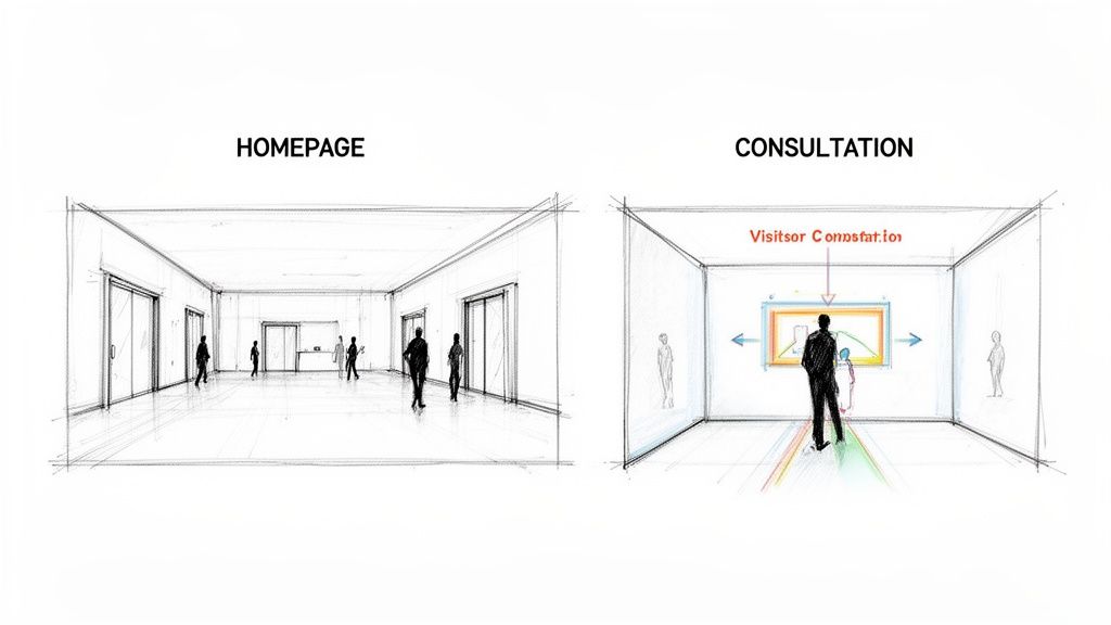 Schetsen die een homepage en een interactieve consultatieruimte voorstellen, ideaal voor een landingspagina.