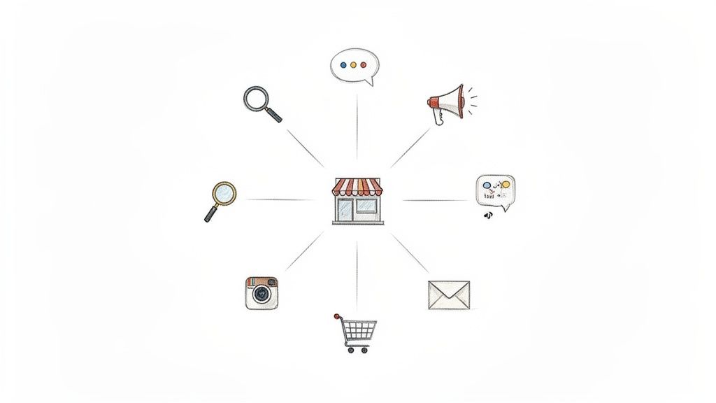 Illustratie van een winkel die via lijnen verbonden is met diverse digitale marketingkanalen zoals sociale media, e-mail en zoekmachines.