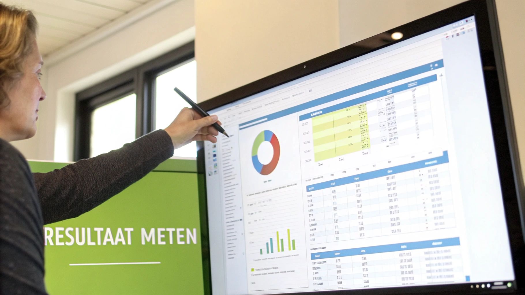Vrouw wijst met stylus naar groot scherm met zakelijke rapporten en data-analyse, gericht op resultaat meten.
