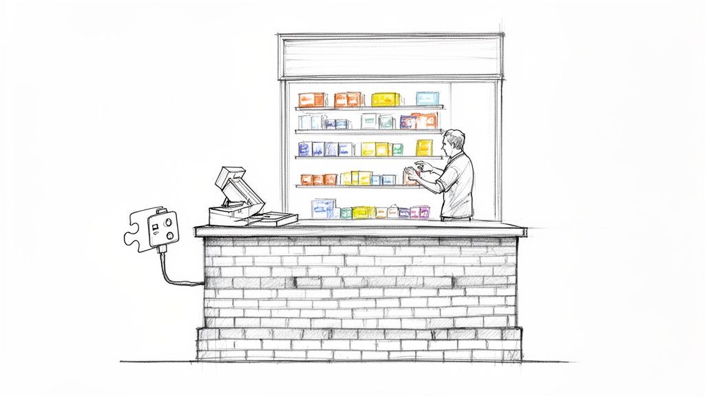 Tekening van een winkelbalie met schappen vol producten, een medewerker die vakken vult, een kassa en een stekker in de vorm van een puzzelstuk.