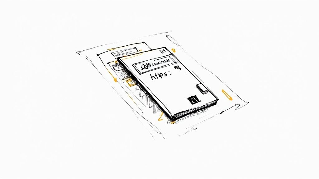 Handgetekende schets van een digitaal scherm met 'https:', wat een veilige online verbinding voorstelt.