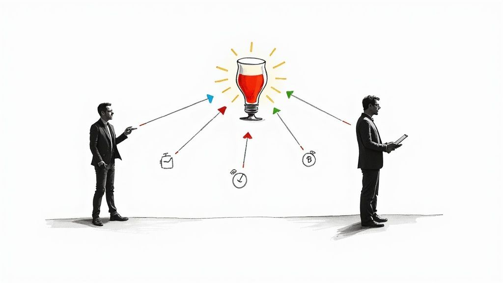 Twee zakenmannen in pakken interageren met een oplichtend gloeilamp-icoon, waarbij pijlen van diverse symbolen input geven aan het idee. De linkse wijst, de rechtse houdt een tablet vast.