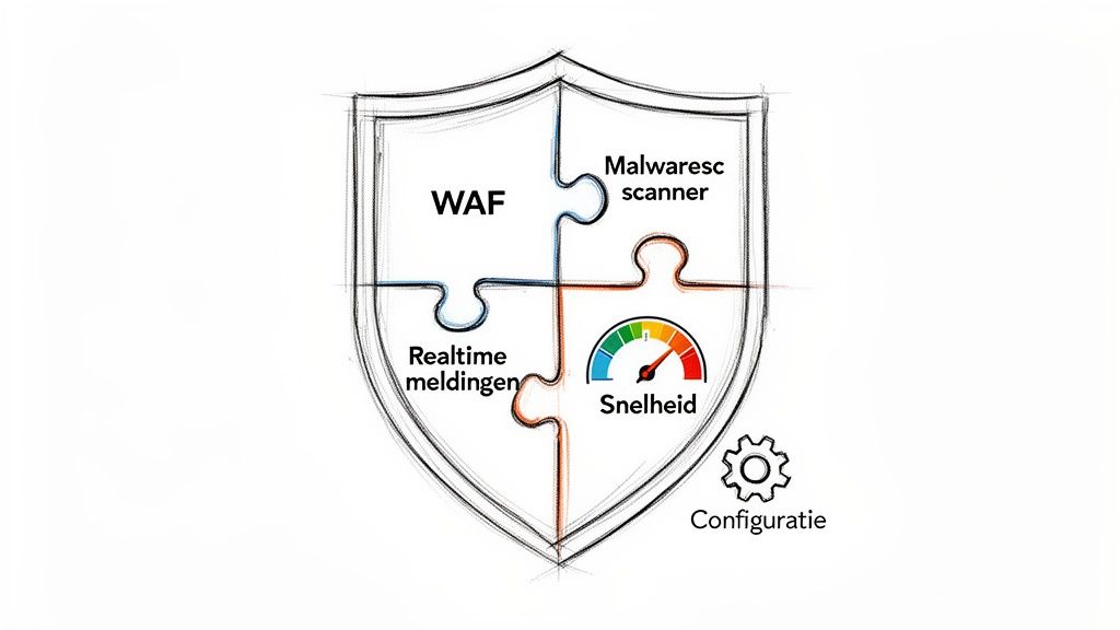 Een schild van puzzelstukken toont WAF, malware scanner, real-time meldingen en snelheid voor websitebeveiliging, met configuratie opties.