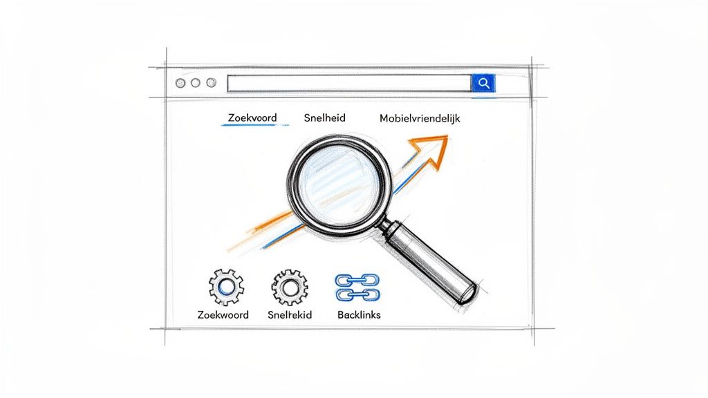 Schets van een webbrowser met SEO-elementen zoals zoekwoorden, snelheid, mobielvriendelijkheid, backlinks en een vergrootglas.