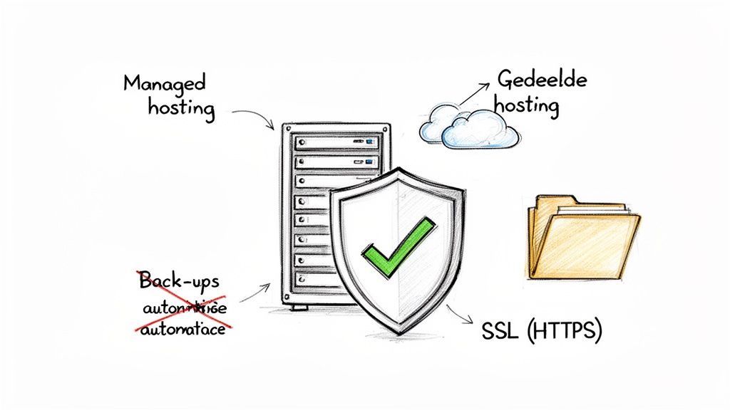 Schematische weergave van website hosting opties zoals managed en gedeelde hosting, met nadruk op beveiliging (SSL) en back-ups.