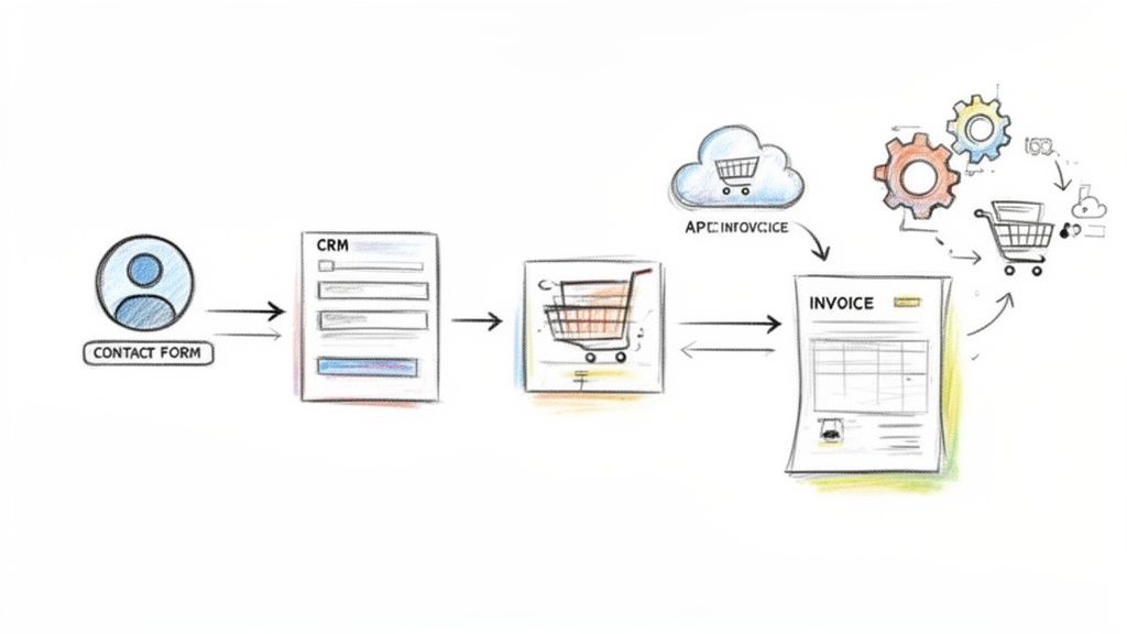 Diagram van een bedrijfsproces: van contactformulier, naar CRM, via een winkelwagen naar een cloudgebaseerde factuurverwerking.