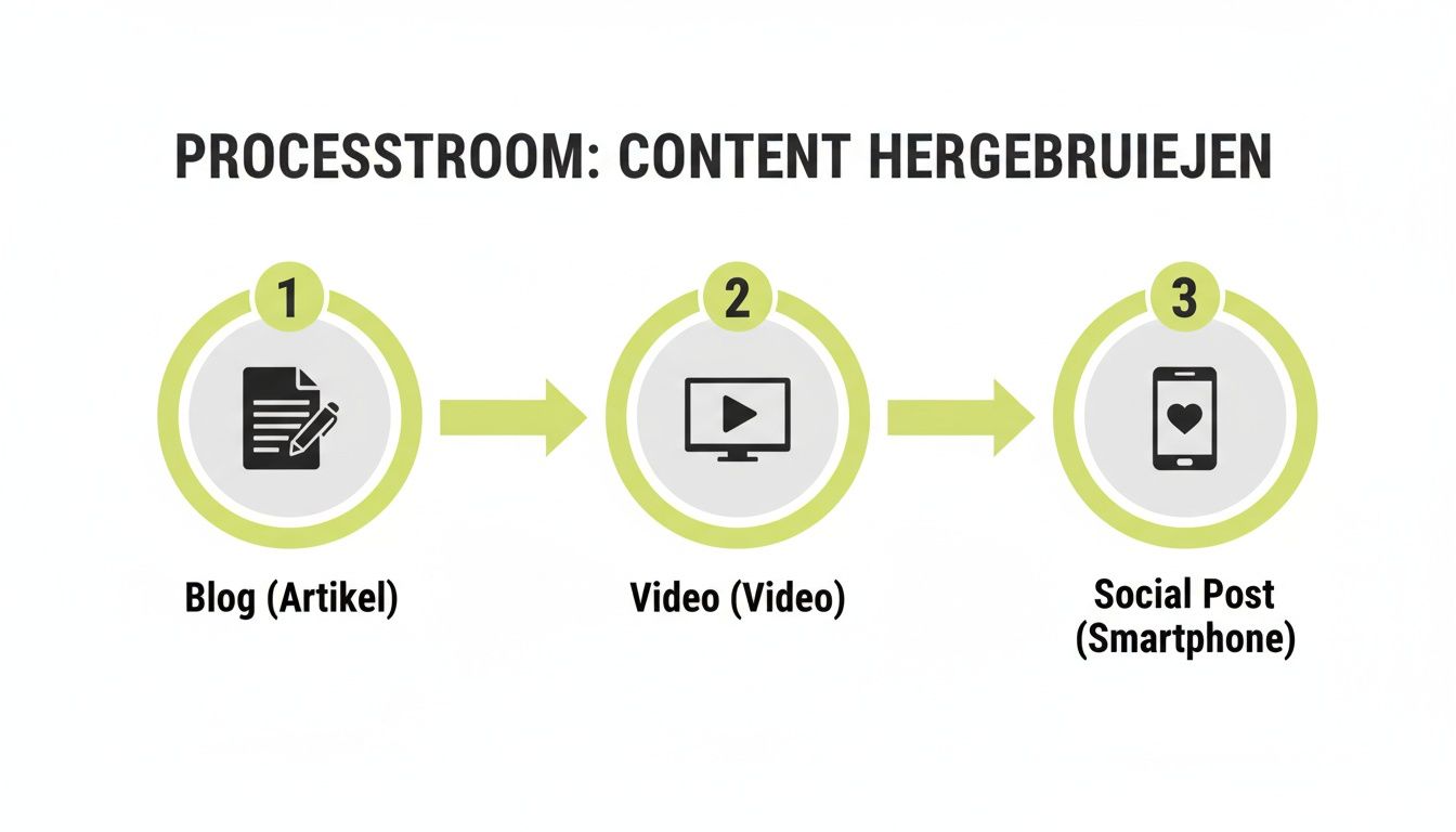 Processchema voor het hergebruiken van content: van blogartikel naar video en social media post.