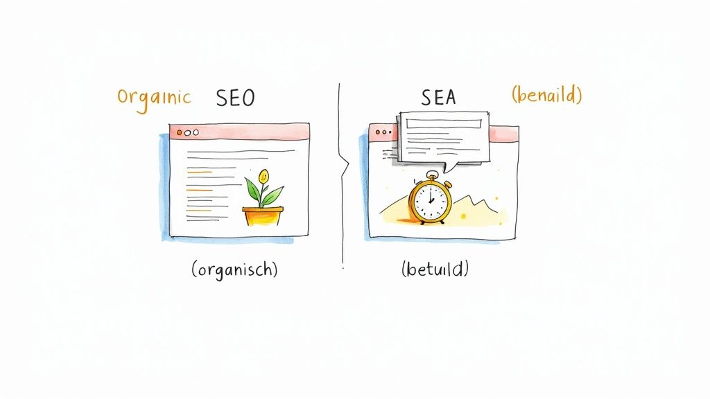 Illustratie van het verschil tussen organische SEO (groeiende plant) en betaalde SEA (advertentie, wekker).