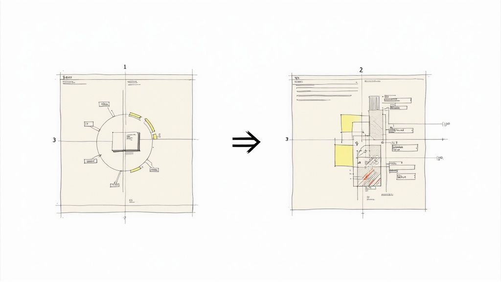 Twee handgetekende diagrammen, van een conceptuele cirkel naar een gedetailleerde lay-out, die een ontwerpproces tonen.