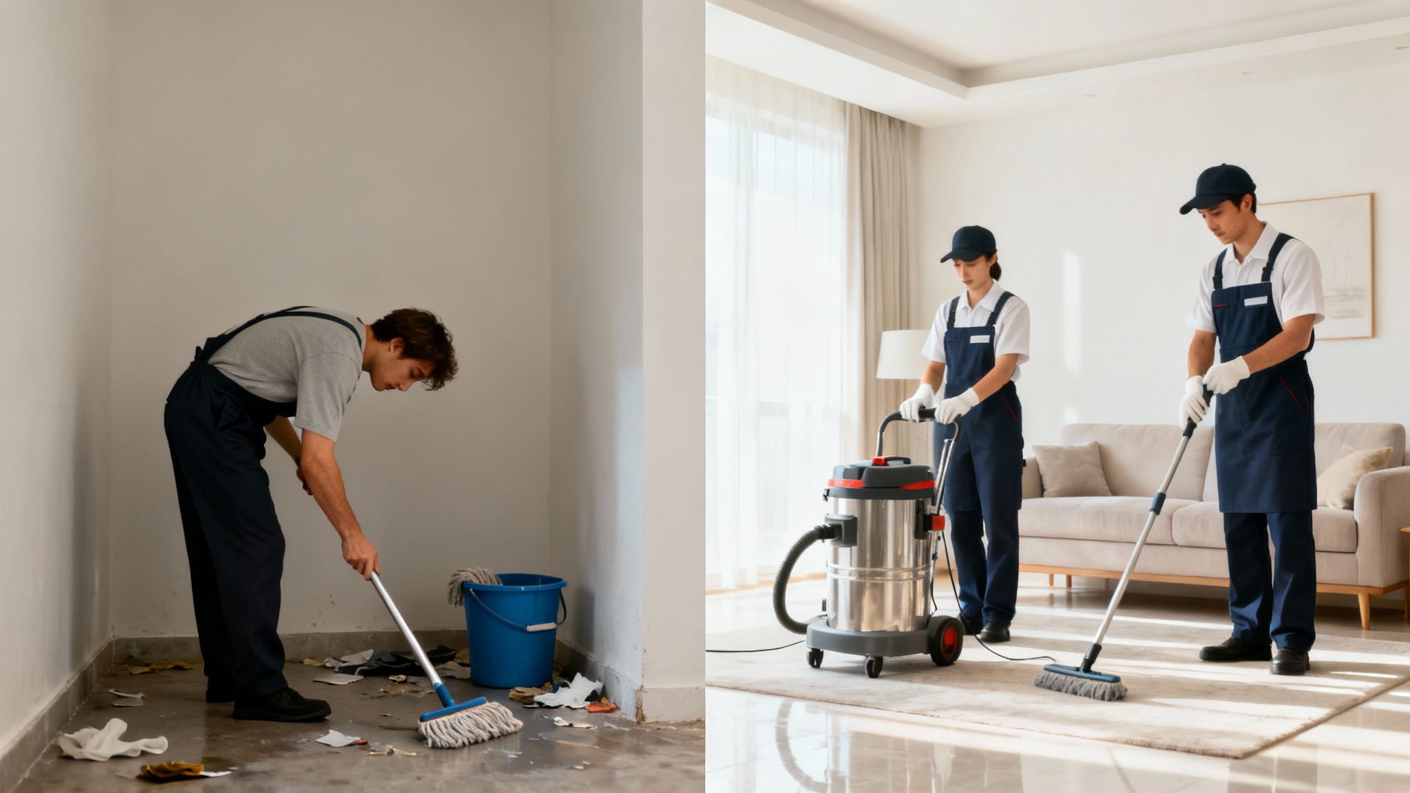 Ein Mann wischt einen schmutzigen Boden, während zwei professionelle Reiniger ein sauberes Wohnzimmer putzen.