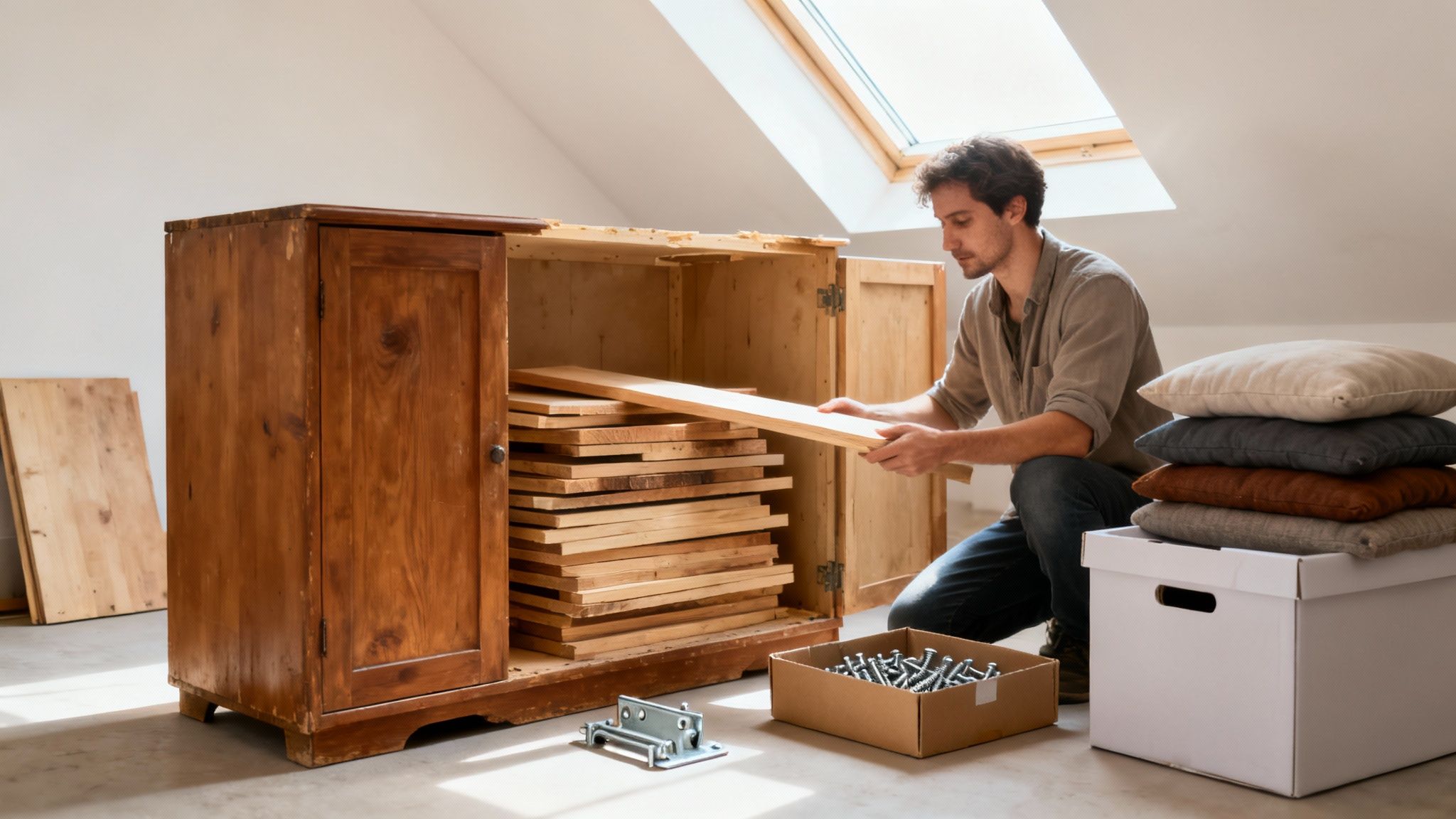 Ein Mann zerlegt einen alten Holzschrank im Dachboden, um ihn für die Entsorgung vorzubereiten.