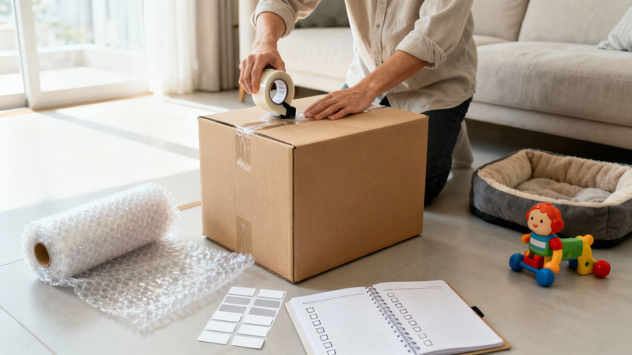 Mann verpackt Umzugskarton mit Klebeband, umgeben von Umzugsmaterialien und einer Checkliste.