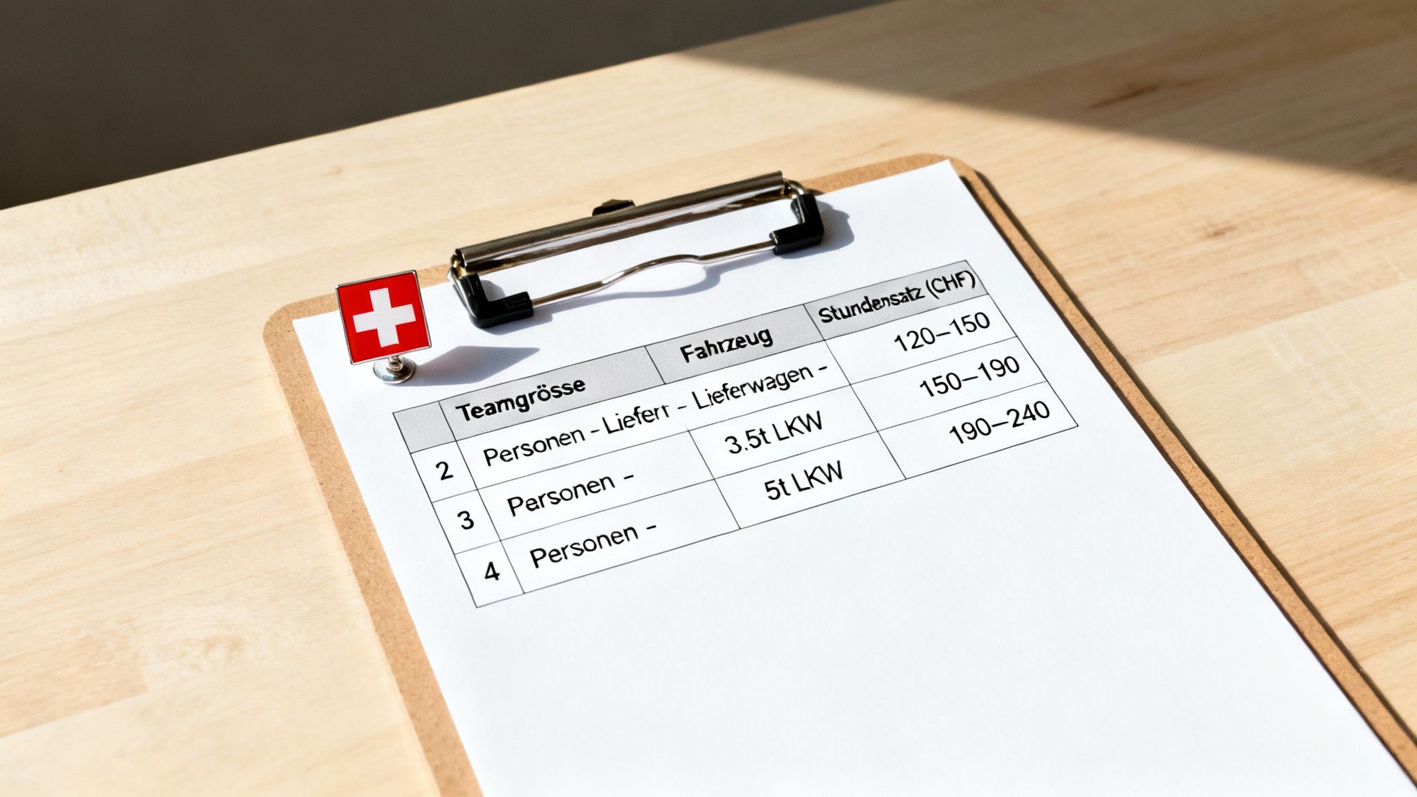 Tabelle mit Preisen für Umzugsfirmen in der Schweiz, inklusive Teamgröße und Fahrzeugtypen.