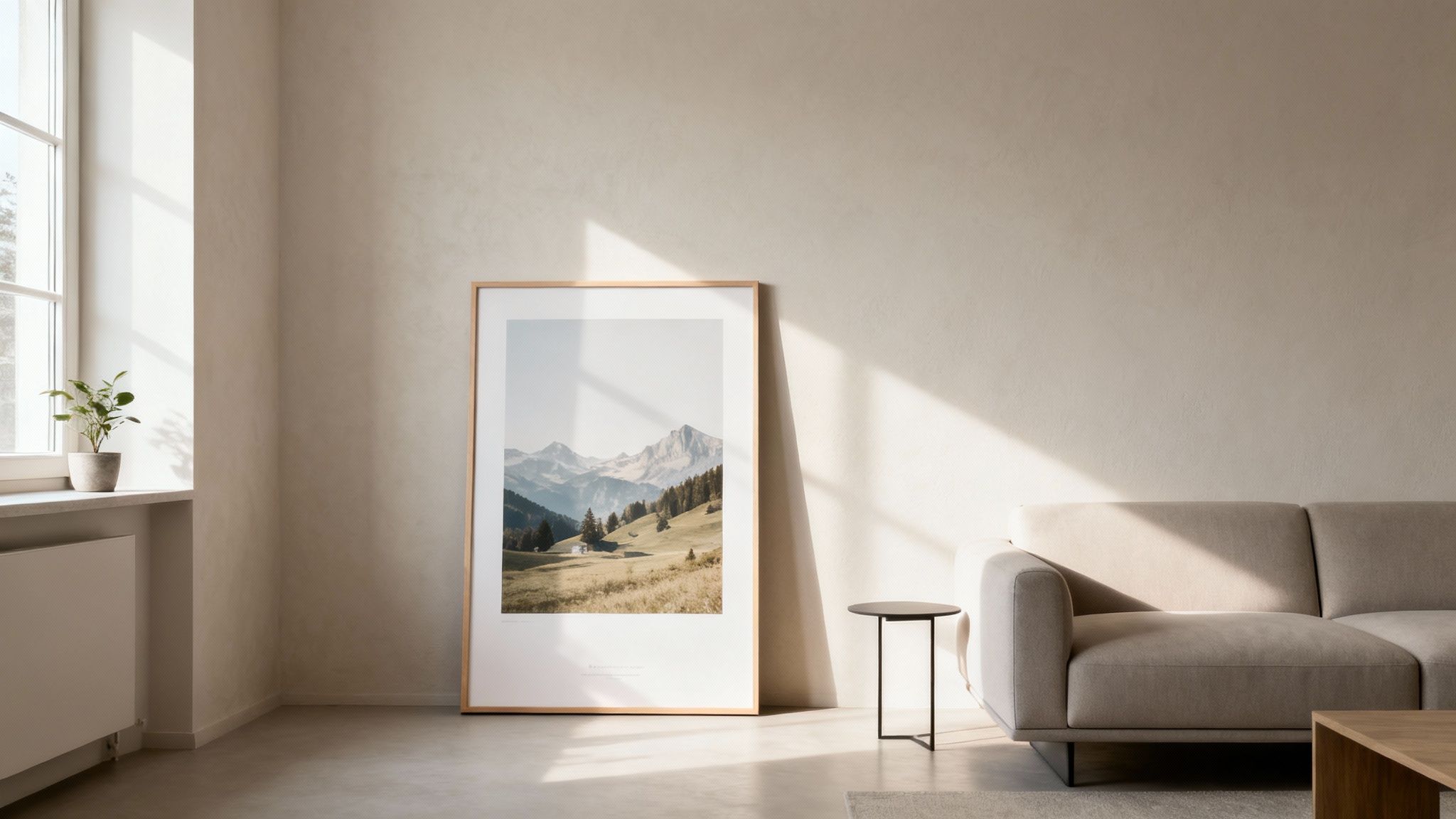 Minimalistisches Wohnzimmer mit großem gerahmtem Bergbild, beigem Sofa, Fenster, Topfpflanze. Sonnenlicht fällt herein.