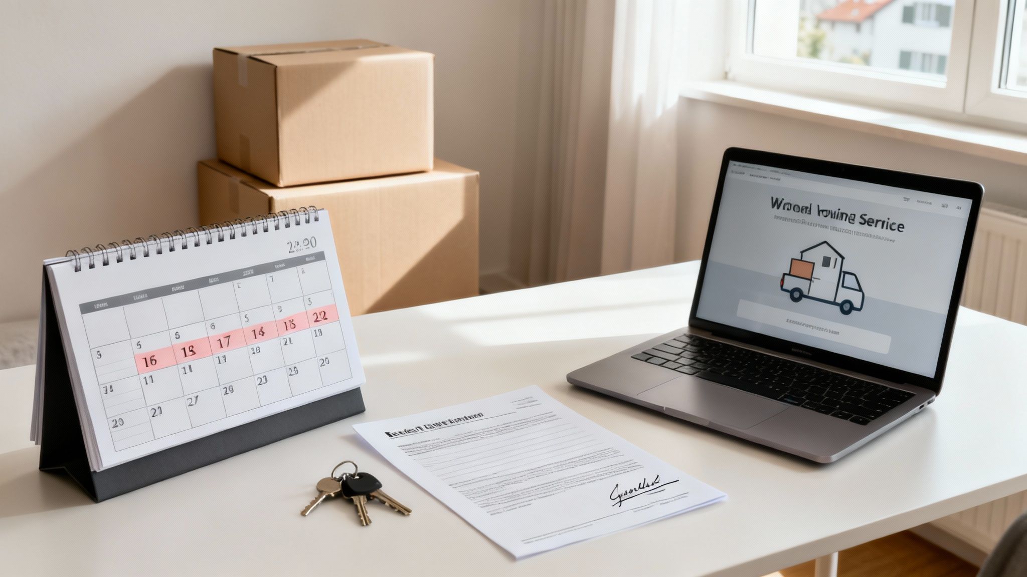 Ein Schreibtisch mit Umzugskalender, Laptop für Umzugsservice, Schlüsseln und Umzugskartons im Hintergrund.