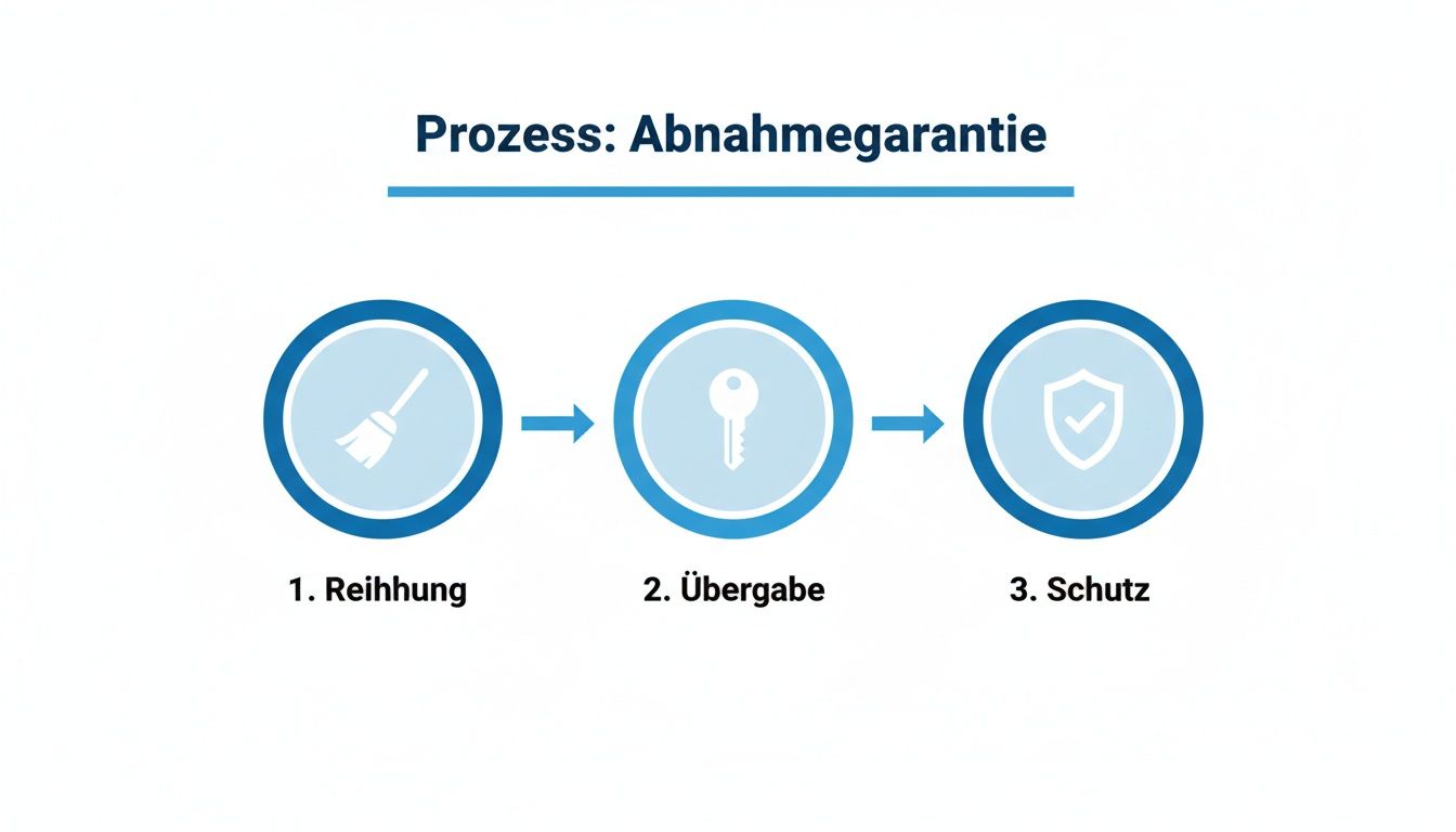 Prozessdiagramm zur Abnahmegarantie mit drei Schritten: Reinigung (Besen), Übergabe (Schlüssel) und Schutz (Schild).