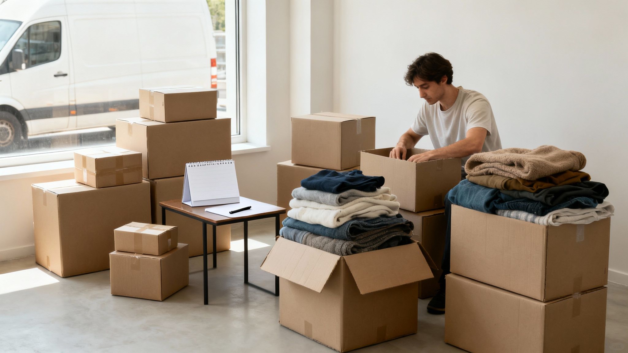 Ein Mann packt Kleidung in Umzugskartons in einem hellen Raum, während draußen ein Lieferwagen wartet.