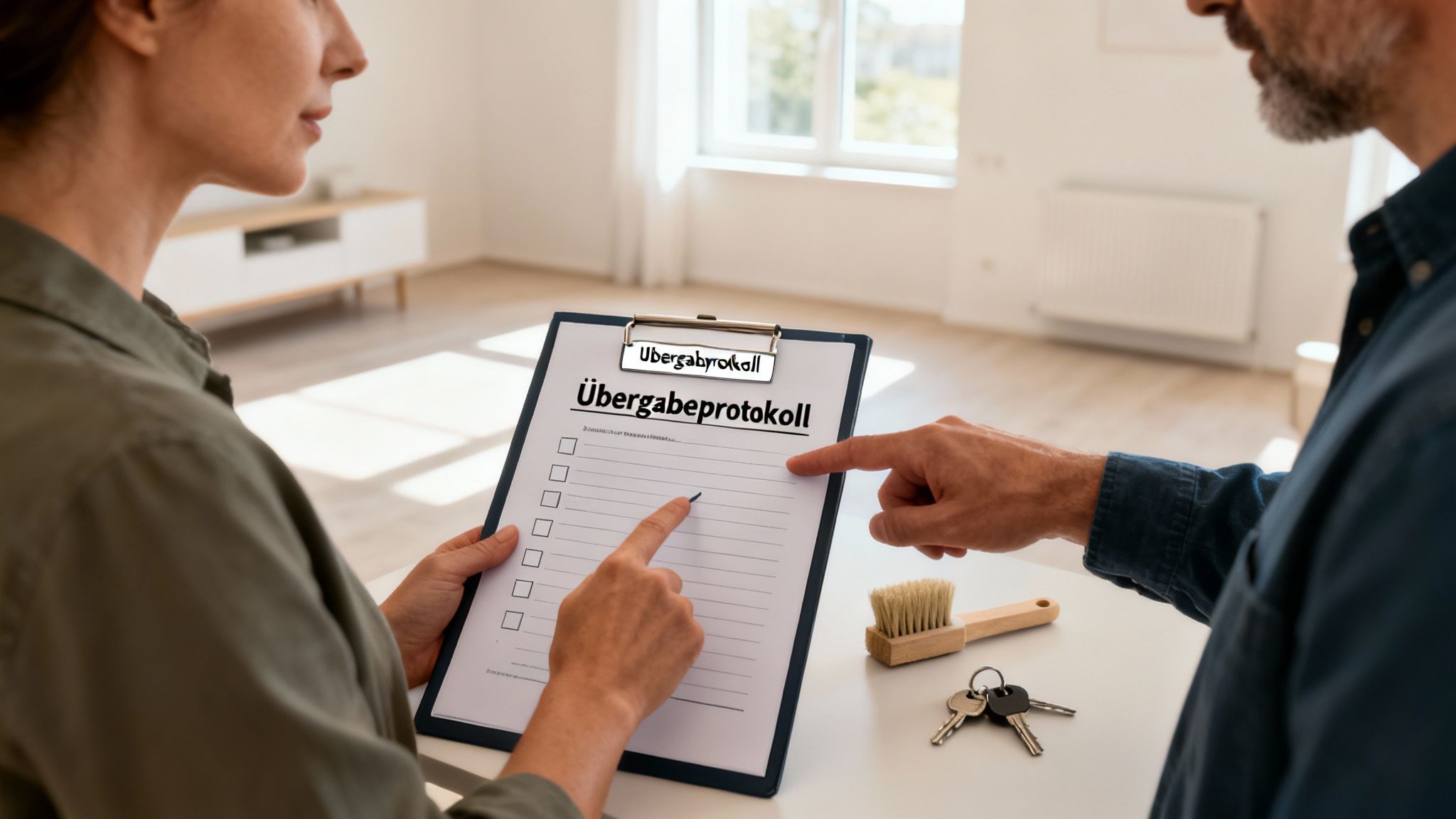 Zwei Personen prüfen ein Übergabeprotokoll in einer leeren Wohnung, daneben liegen Schlüssel und eine Bürste.