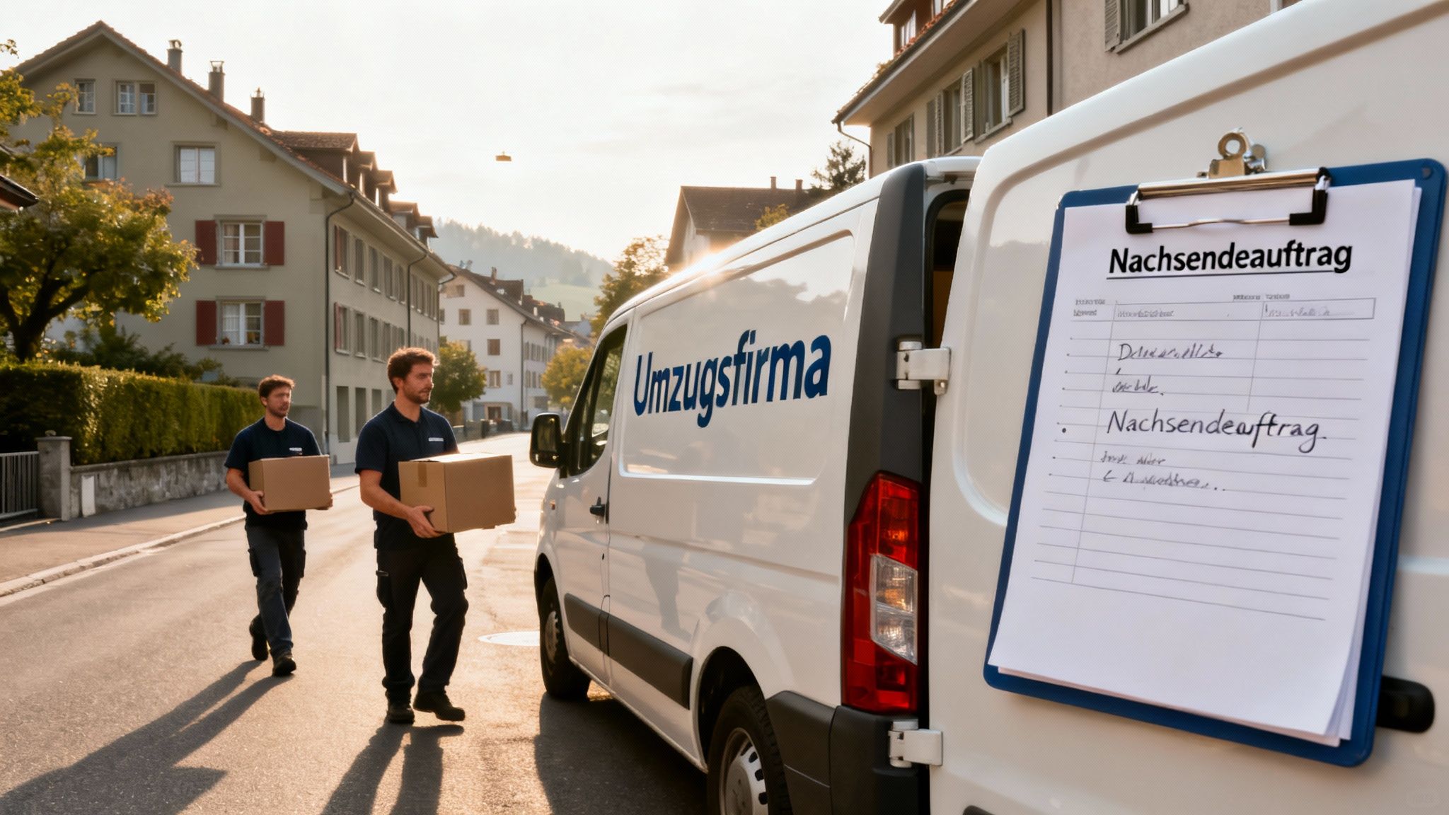 Zwei Umzugshelfer tragen Kartons zu einem weißen Transporter einer Umzugsfirma. Ein Nachsendeauftrag ist am Heck angebracht.