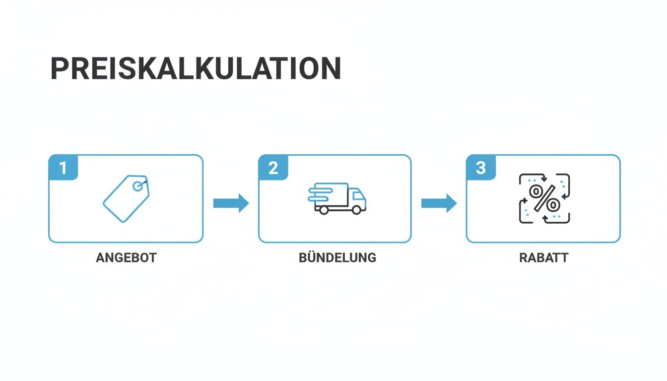 Dreistufiger Prozess zur Preiskalkulation: Angebot, Bündelung und Rabatt, dargestellt mit Icons und Beschriftungen.