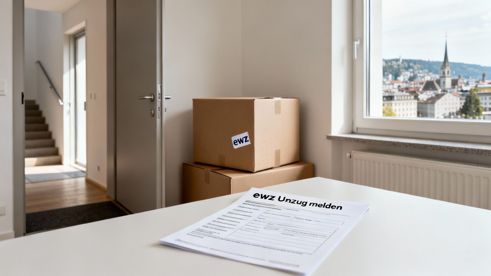 Umzugskartons mit ewz-Logo und ein Formular 'ewz Umzug melden' auf einem Tisch vor einem Fenster mit Stadtblick.