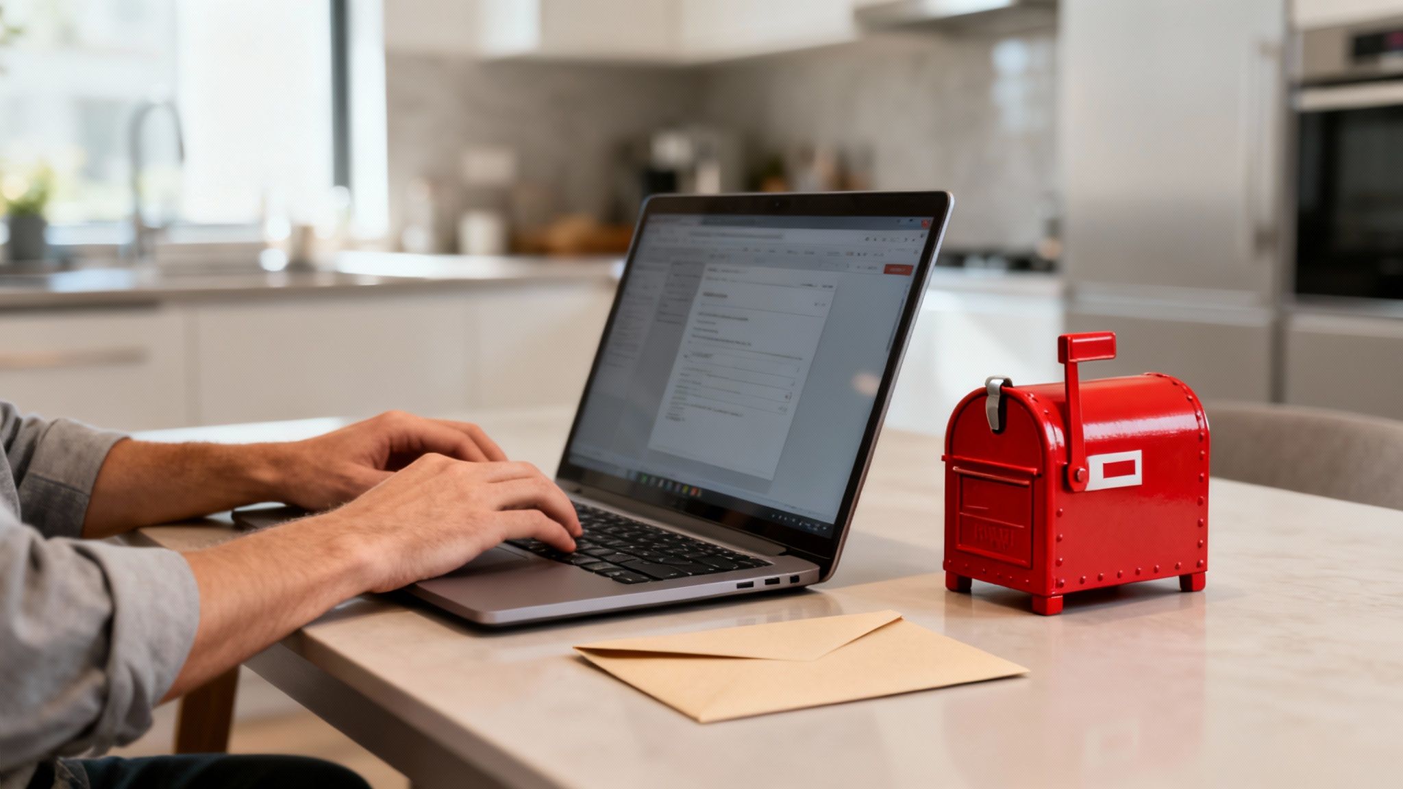 Eine Person tippt auf einem Laptop, daneben ein roter Briefkasten und ein Umschlag in einer modernen Küche.