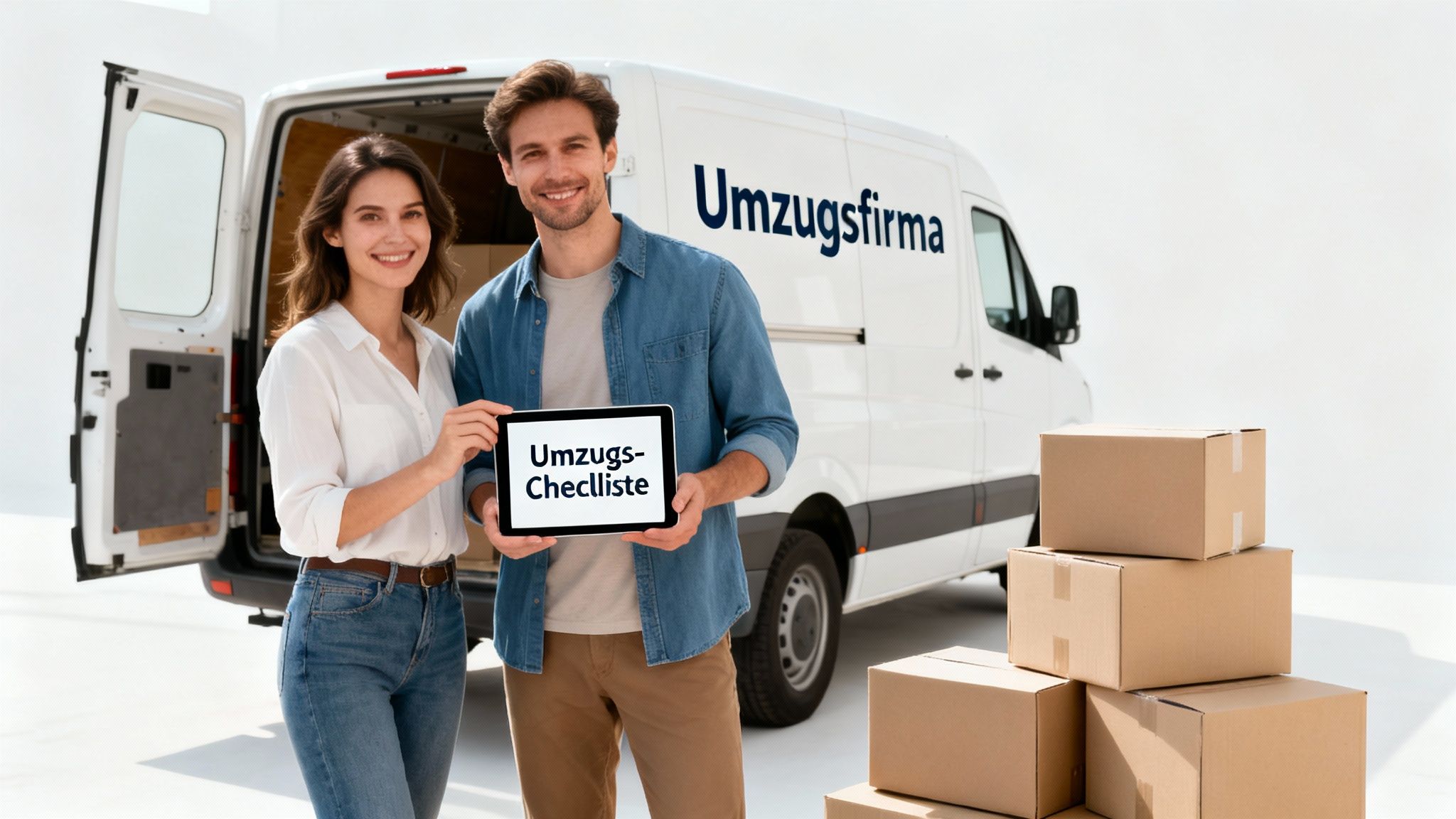 Glückliches Paar zeigt Umzugs-Checkliste vor weißem Umzugswagen und vielen Kartons.