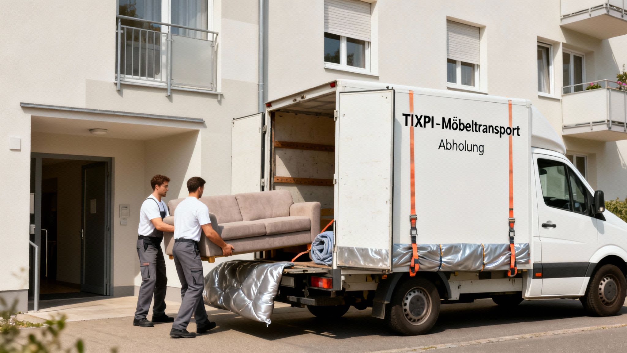 Zwei Männer laden ein Sofa in einen weißen TIXPI-Möbeltransport-LKW vor einem Gebäude.