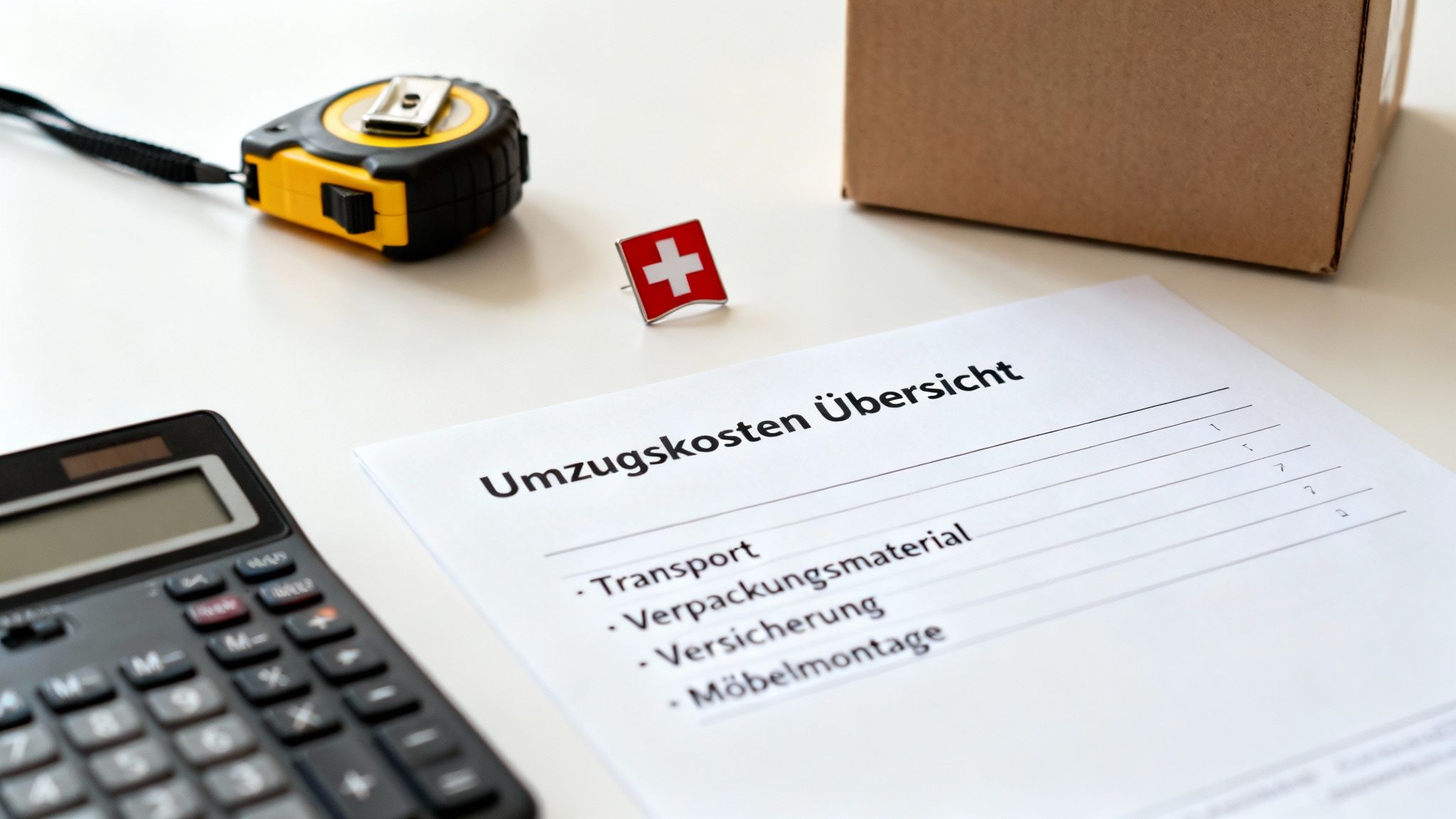 Übersicht der Umzugskosten mit Transport, Verpackung, Versicherung und Möbelmontage, begleitet von Taschenrechner und Maßband, unter einer Schweizer Flagge.