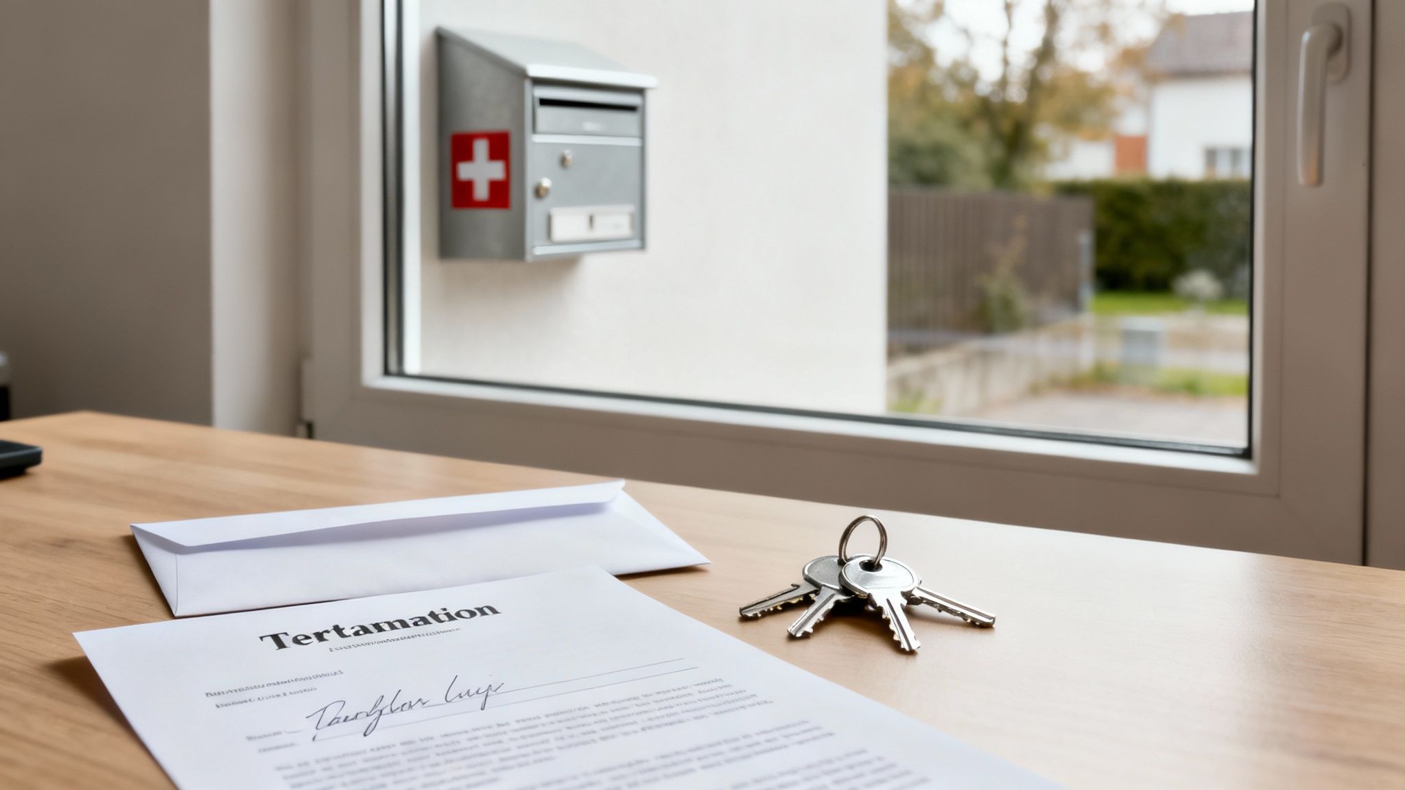 Ein Kündigungsdokument, ein Umschlag und Schlüssel auf einem Holztisch, Schweizer Briefkasten im Hintergrund.