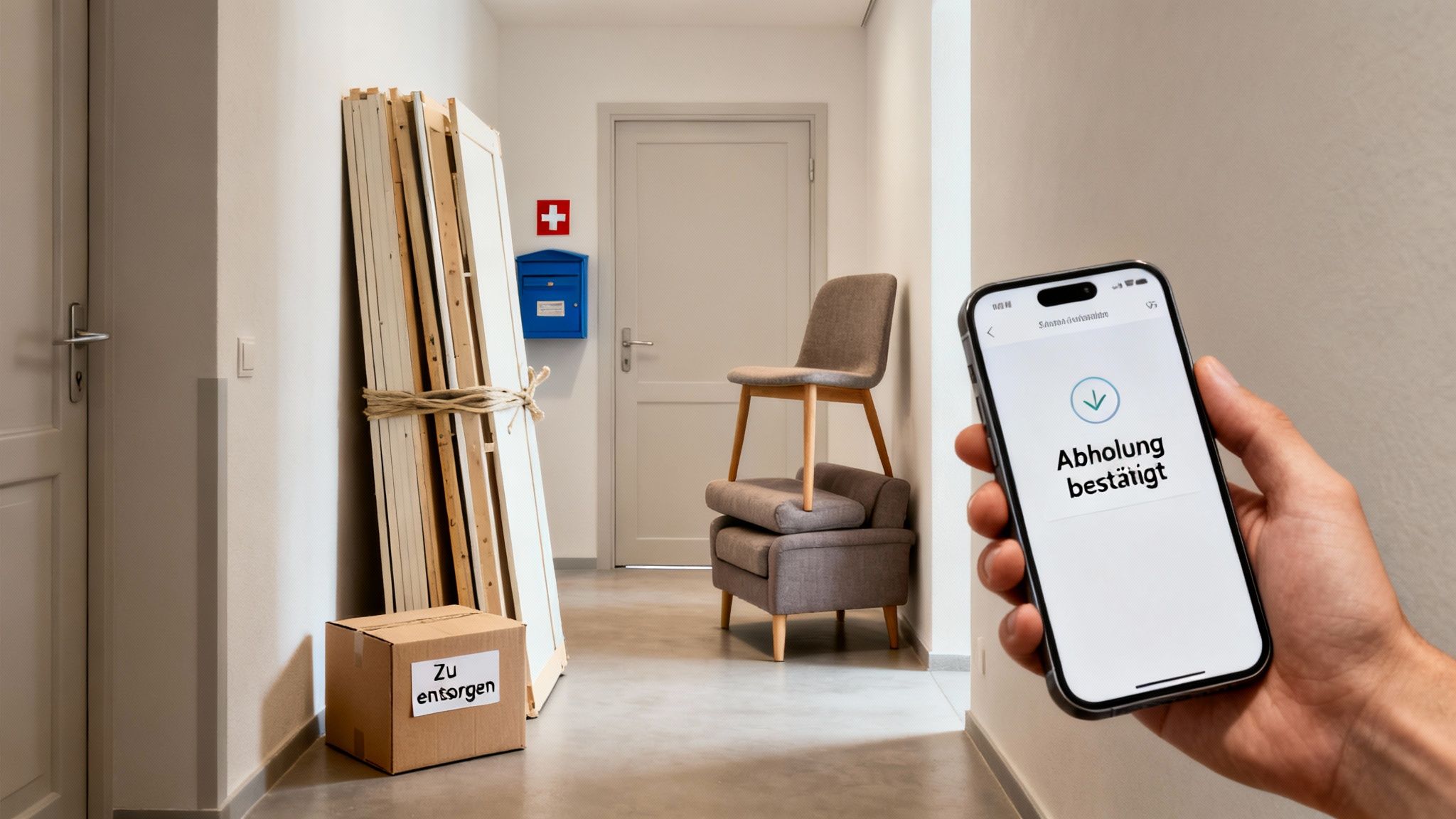 Flur mit Möbeln und einem Karton, die zur Abholung oder Entsorgung bereitstehen. Eine Hand hält ein Handy mit der Bestätigung 'Abholung bestätigt'.