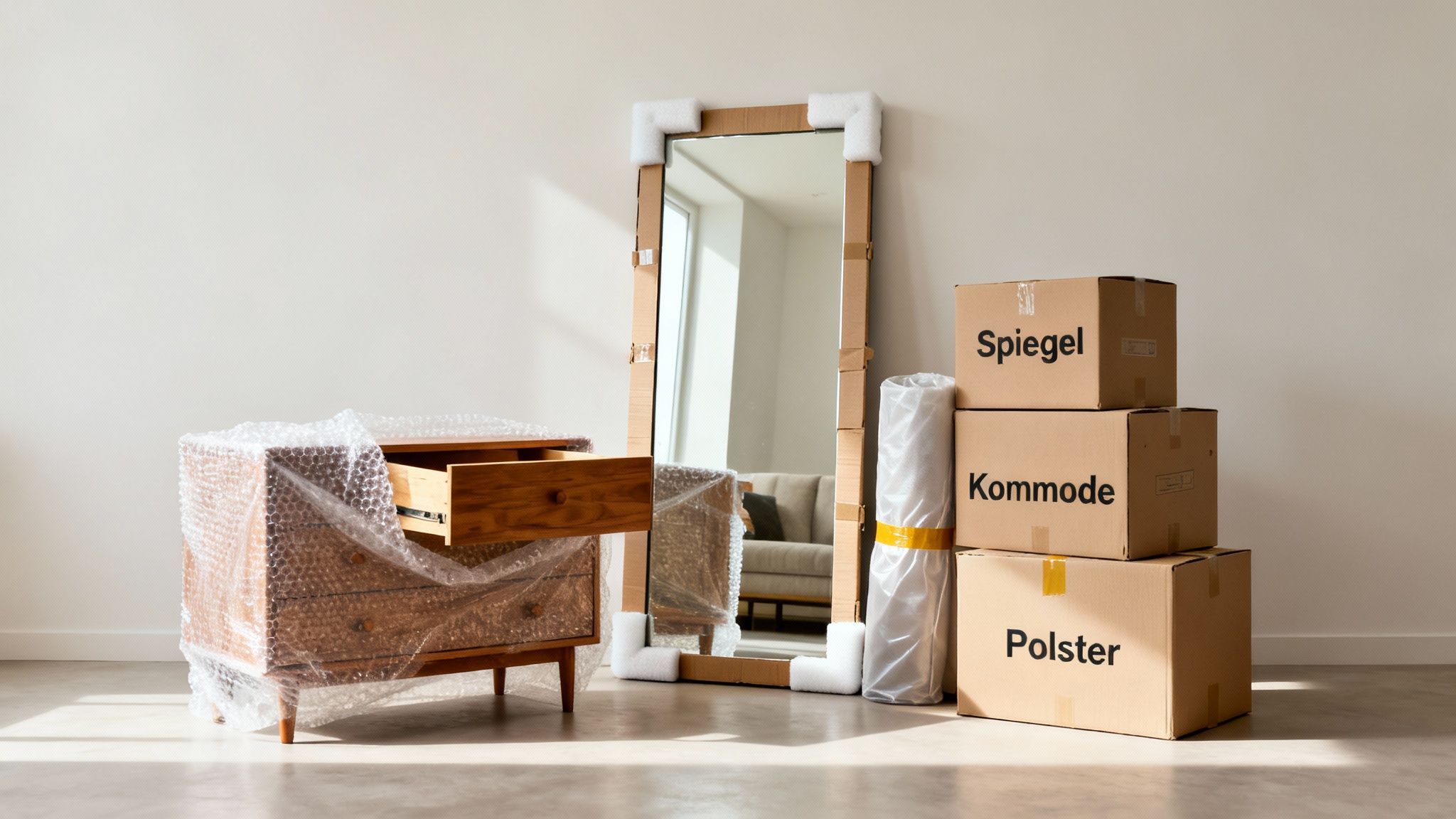 Umzugskartons, eine verpackte Kommode und ein Spiegel stehen bereit für einen Umzug oder zur Einlagerung von Möbeln.