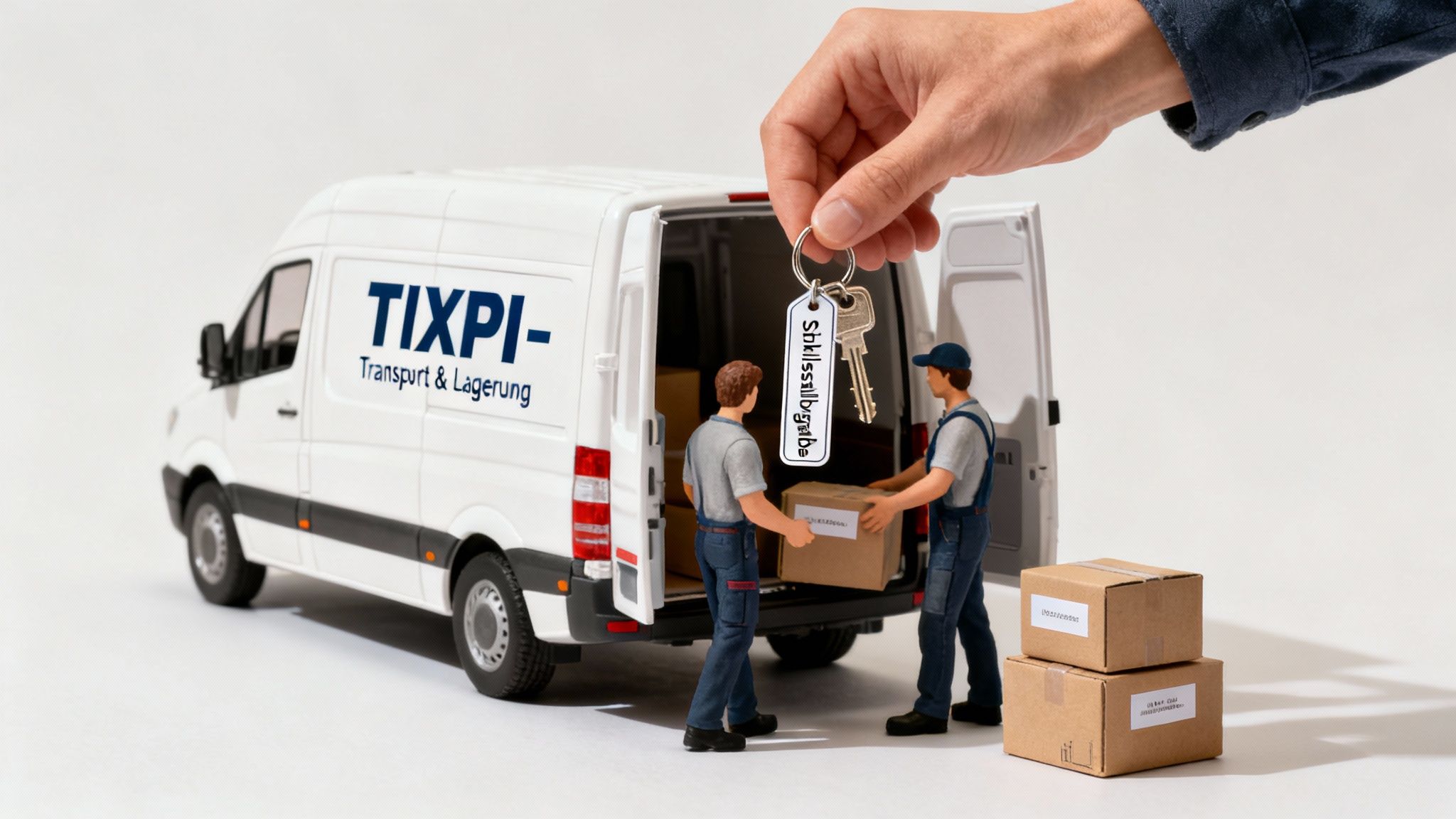 Miniatur-Transporter mit Umzugshelfern, die Kartons laden, und einer Hand, die einen Schlüsselbund mit „Schlüsselübergabe“ hält.