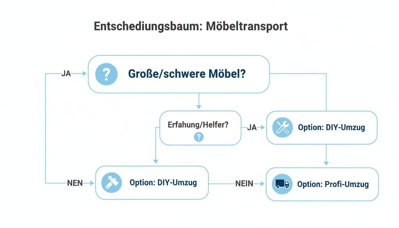 Entscheidungsbaum zum Möbeltransport: Hilft bei der Entscheidung zwischen DIY-Umzug und Profi-Umzug basierend auf Möbelgröße und Erfahrung.