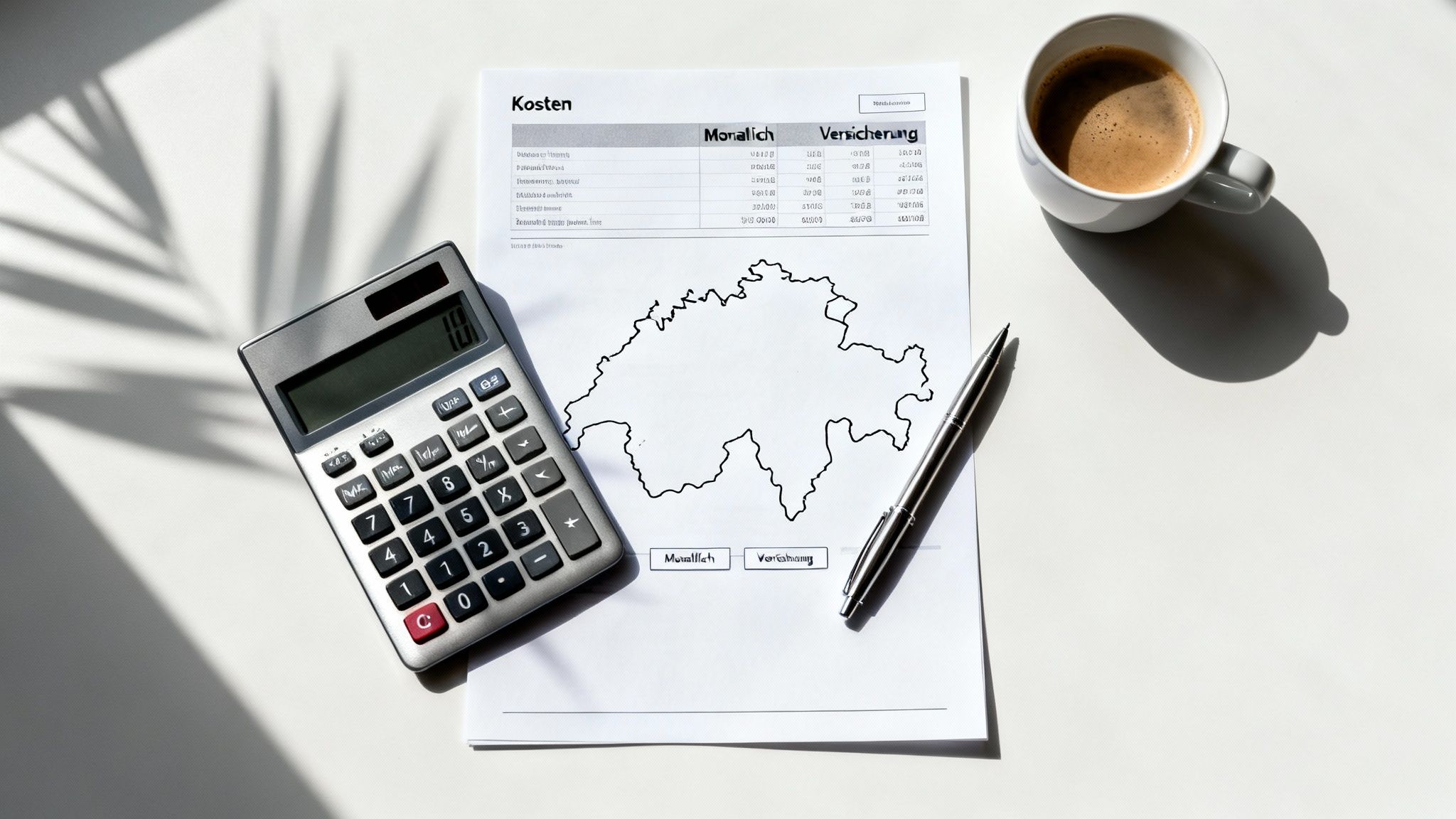 Finanzielle Planung in der Schweiz mit Taschenrechner, Dokument zu Kosten und Versicherung, Stift und Kaffee.
