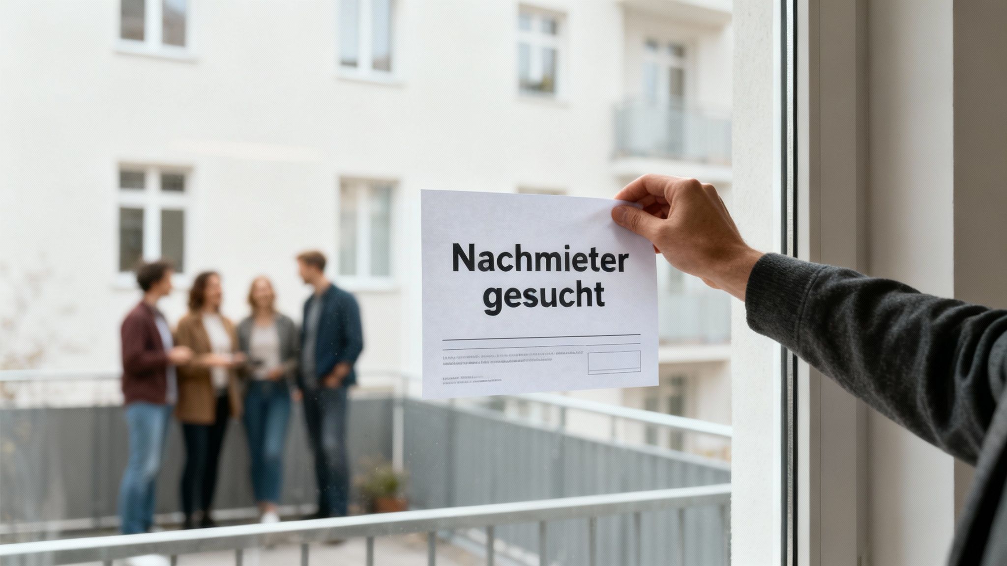 Eine Hand hält ein Schild mit 'Nachmieter gesucht' an einem Fenster, unscharf sind Personen auf einem Balkon.