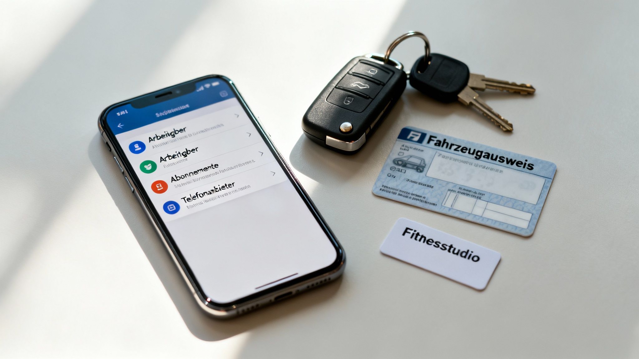 Smartphone mit geöffneter App, Autoschlüssel, Fahrzeugausweis und Fitnessstudio-Karte auf einem Tisch.