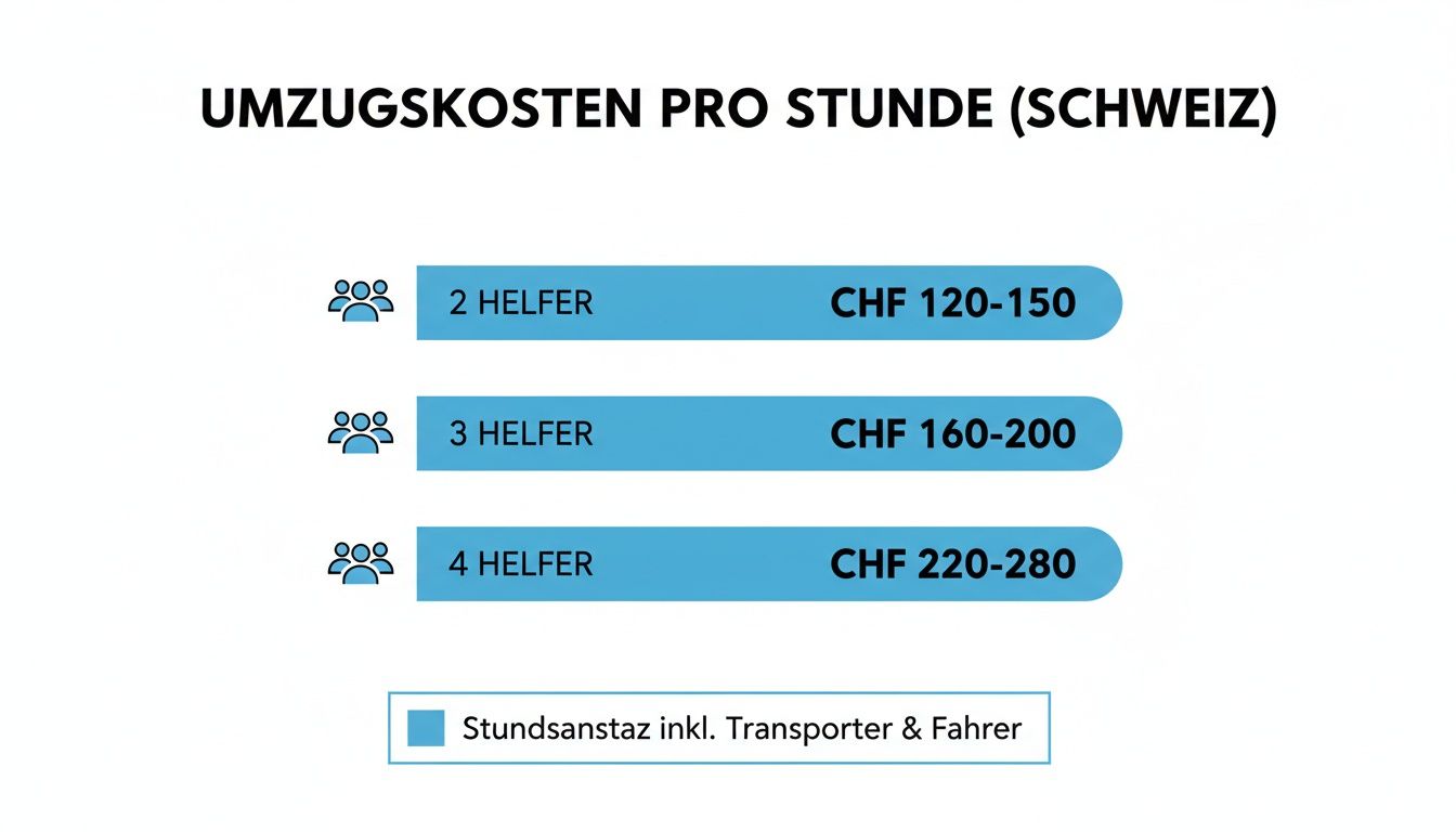 Umzugskosten pro Stunde in der Schweiz: Tabelle mit Preisen für 2, 3 und 4 Helfer, inklusive Transporter und Fahrer.