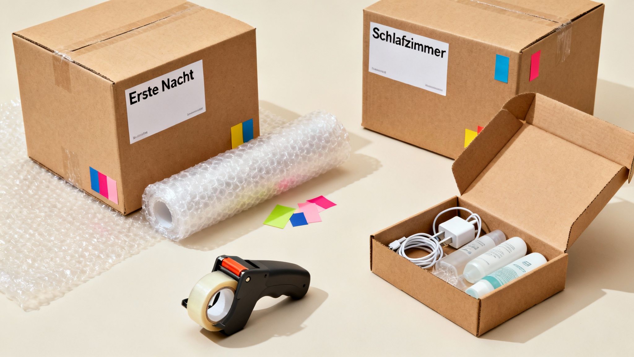 Zwei Umzugskartons mit Beschriftungen, Packmaterialien und eine offene Box mit wichtigen Gegenständen für einen Umzug.