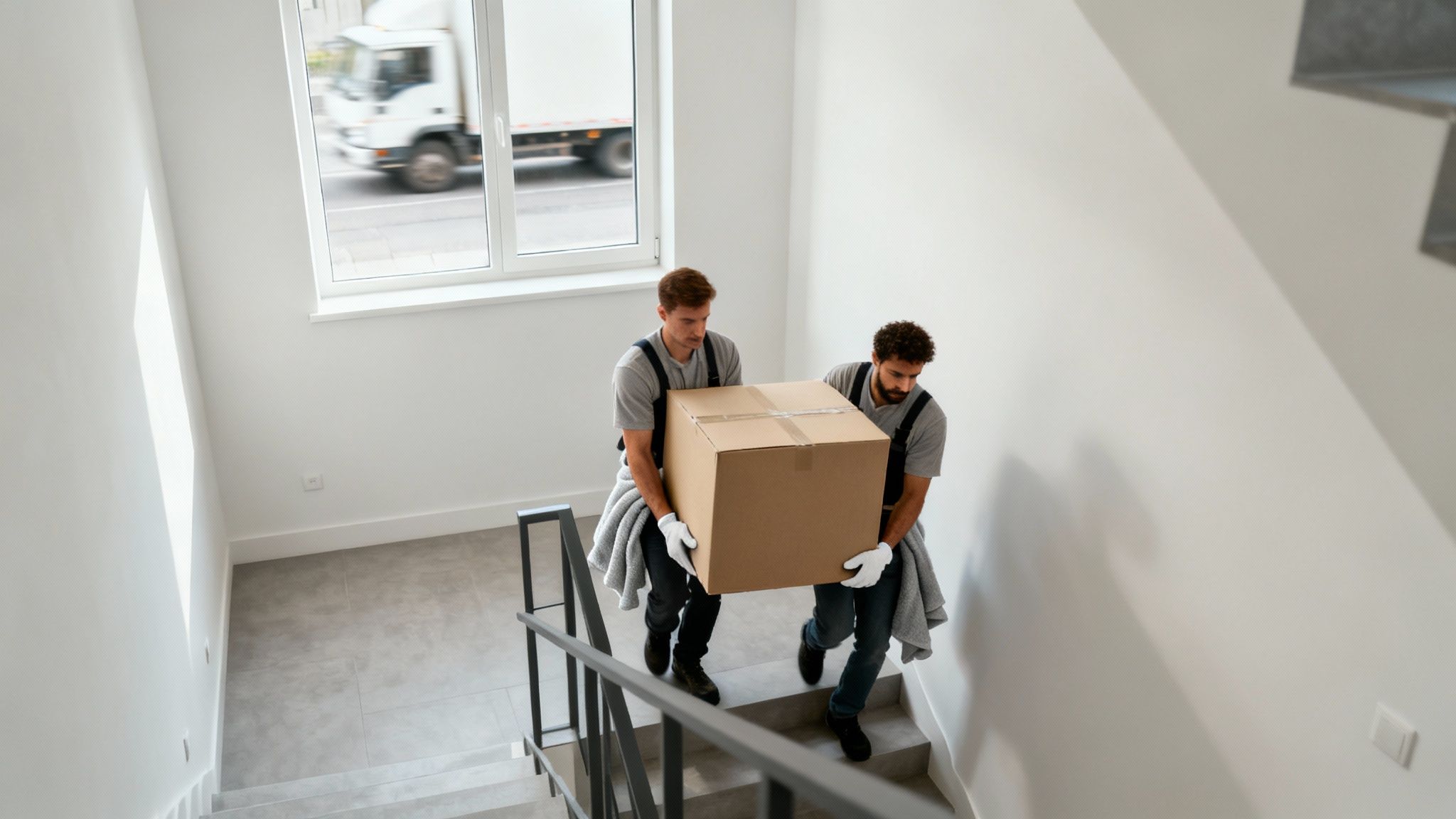 Zwei Umzugshelfer tragen eine große Kiste eine Treppe hinauf in einem hellen Gebäude.