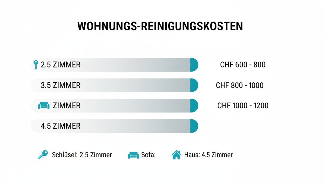 Übersicht der Wohnungs-Reinigungskosten in CHF nach Zimmeranzahl für verschiedene Wohnungsgrößen und Services.